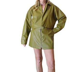 ASOS DESIGN Olive Green Faux Leather Cropped Jacket & Mini Skirt Set M